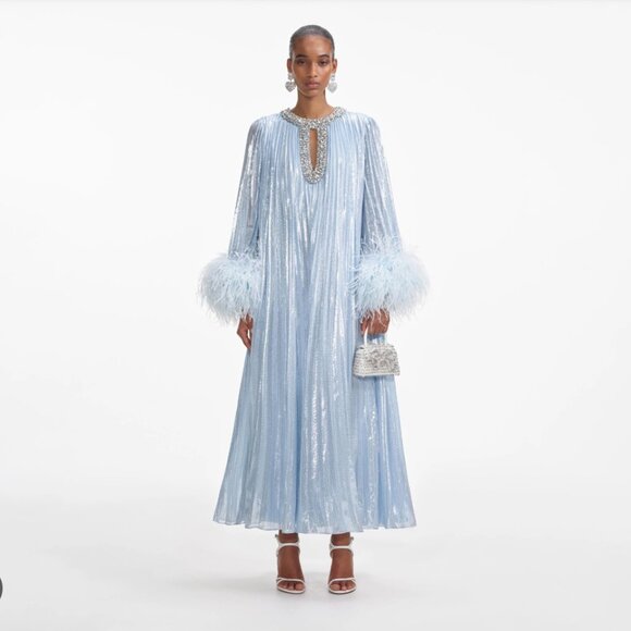 Self Portrait Blue Metallic Chiffon Feather Midi Dress - Picture 1 of 17
